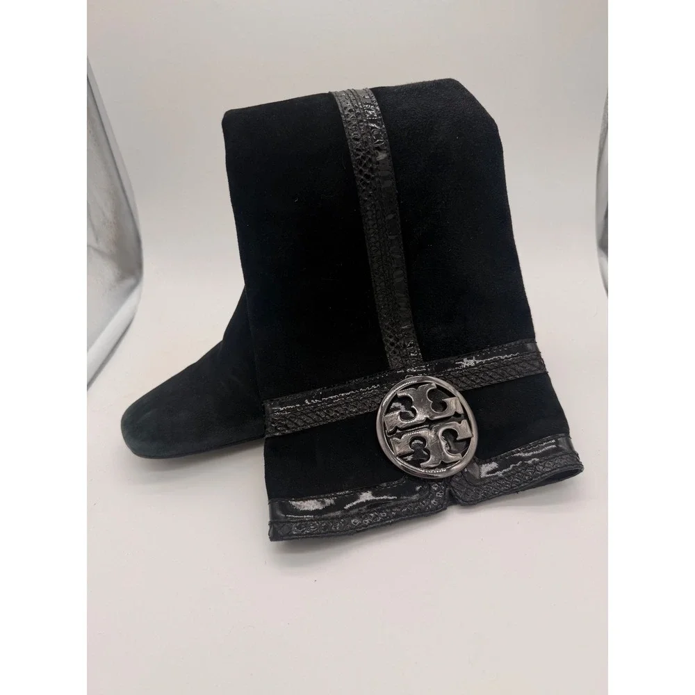 Tory Burch Black Suede Tall Boots Logo Snake Trim Square Toe Block Heel 6M